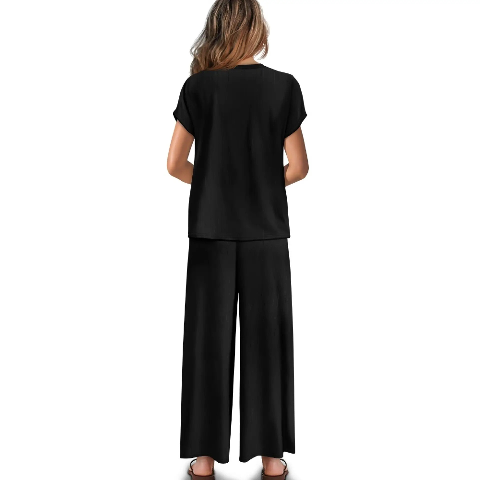 Catch Me by The Waves Short-sleeved Wide Leg Pajama Set - Image 2