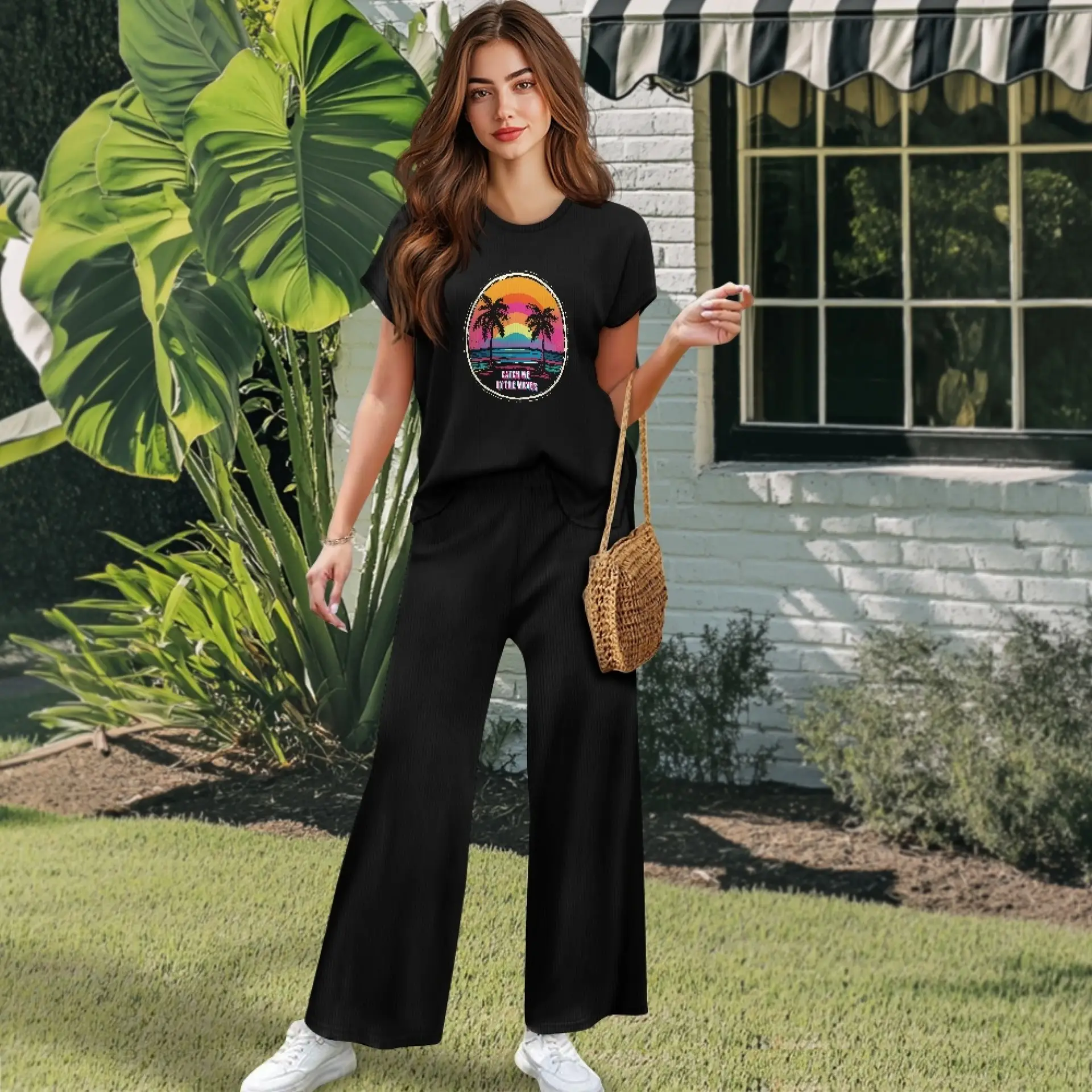 Catch Me by The Waves Short-sleeved Wide Leg Pajama Set - Image 4