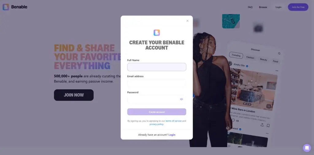Benable Review – Free to join sign-up page